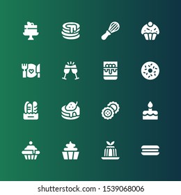 bakery icon set. Collection of 16 filled bakery icons included Cookie, Jelly, Cupcake, Cake, Biscuits, Pancake, Bread, Doughnut, Panna cotta, Toast, Food, Mixer