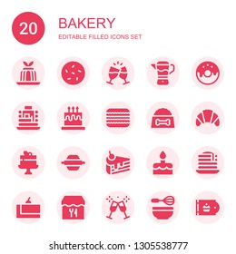 bakery icon set. Collection of 20 filled bakery icons included Jelly, Cookie, Toast, Mixer, Donut, Pancakes, Cake, Macaron, Dog food, Croissant, Rolling pin, Cake slice, Pancake