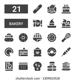 bakery icon set. Collection of 21 filled bakery icons included Pancake, Macarons, Toast, Biscuit, Cook, Brochette, Donut, Flour, Cake, Mixer, Pie, Stroopwafel, Semla, Waffle, Pudding