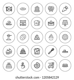 Bakery icon set. collection of 25 outline bakery icons with bakery, bread, cake slice, cake, brownie, cakes, concave, cupcake, cookie, doughnut, cookies icons. editable icons.