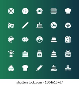 bakery icon set. Collection of 25 filled bakery icons included Macarons, Cake, Rolling pin, Chef hat, Cupcake, Pancake, Pudding, Dog food, Mixer, Toast, Creme caramel, Donut, Croissant