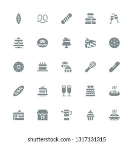bakery icon set. Collection of 25 filled bakery icons included Pie, Cupcake, Mixer, Restaurant, Cake, Bread, Toast, Bonbon, Biscuit, Donut, Cake slice, Macarons, Baguette, Pretzel