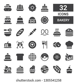 bakery icon set. Collection of 32 filled bakery icons included Cupcake, Bread, Jawbreaker, Cake, Waffle, Cake slice, Biscuit, Donut, Toast, Pudding, Chef, Cookies, Restaurant