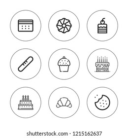 Bakery icon set. collection of 9 outline bakery icons with biscuit, bread, cake, cupcake, croissant icons. editable icons.