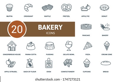 Symbol für Bäckerei gesetzt. Die Sammlung enthält Strudel, Pfannkuchen, Donut, Apfel, Kuchen, Brezel, Waffel, Croissant und über Ikonen. Set für Bäckereielemente.