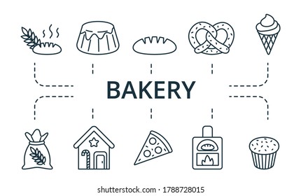 Bakery icon set. Collection contain strudel, pancake, donut, apple, pie, pretzel, waffle, croissant and over icons. Bakery elements set