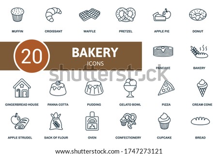 Bakery icon set. Collection contain strudel, pancake, donut, apple, pie, pretzel, waffle, croissant and over icons. Bakery elements set.
