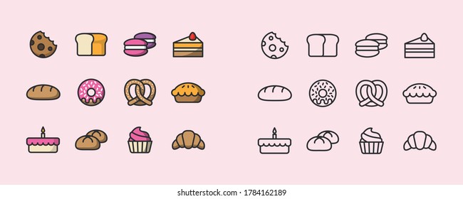 Bakery icon set. Bakery collection of simple outline signs. Fresh baking symbol in flat style. Toast, baguette, bun contour flat icons design. Isolated on white concept vector Illustration