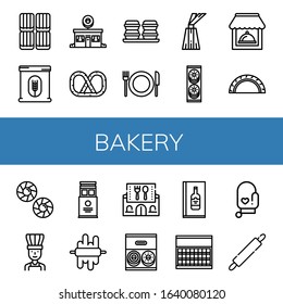 bakery icon set. Collection of Toffee, Flour, Donut shop, Pretzel, Macaroons, Restaurant, Dessert, Cookies, Cheburek, Cookie, Chef, Wafer, Dough, Donut, Wine menu, Sugar icons