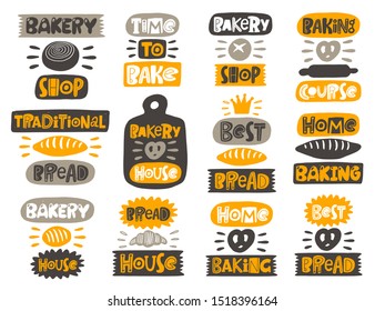 Bakery icon set. Colored hand drawn baking lettering collection. Handwritten quote sketch typography. Vector inscription slogan. Bread poster, card, print design. Baked products shop logo.
