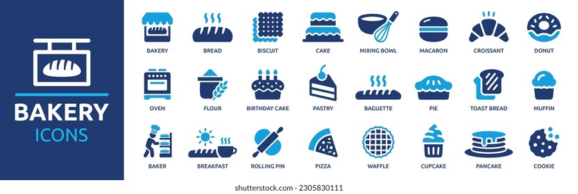 Bakery icon set. Containing bread, biscuit, birthday cake, croissant, donut, pastry and cookie icons. Solid icon collection. Vector illustration.