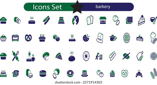 Bakery icon set. Containing bread, biscuit, birthday cake, croissant, donut, pastry and cookie icons.