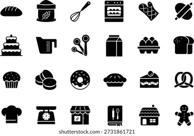 Conjunto de ícones de padaria. Símbolo de ferramentas de sobremesa e cozinha. Contendo biscoito, forno, donut, pão, macaroon, muffin, ovo, moinho, donut, café da manhã e muito mais. Ilustração vetorial.