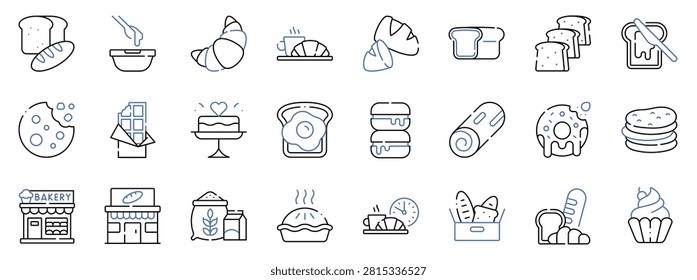 Bakery icon set. Editable line icons bread loaf, mixing bowl, croissant, coffee break and baguette vector illustration