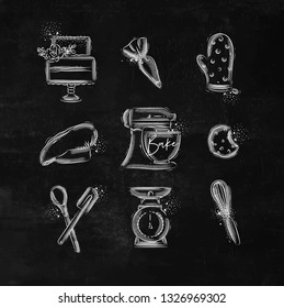 Bakery icon set with illustrated pastry bag, cake, mitts, cook cap, kneading machine, cookies, pastry equipment, scales, whisk in hand drawing style on chalk background