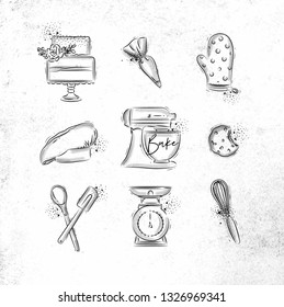 Bakery icon set with illustrated pastry bag, cake, mitts, cook cap, kneading machine, cookies, pastry equipment, scales, whisk in hand drawing style on dirty paper background