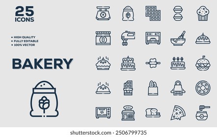 Bakery icon set. Includes bakery, bread, cake, croissant, donut, pretzel, pudding, and More. Outline icons vector collection.