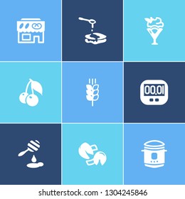 Bakery icon set and multibaker with bakery shop, fortune cookie and wheat. Honeycomb related bakery icon vector for web UI logo design.
