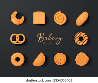 Bakery icon set in realistic 3d design. bread, donnut or cookie. 