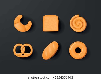 Bakery icon set in realistic 3d design. bread, donnut or cookie. 