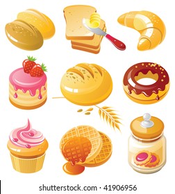 Bakery Icon Set. Set of realistic icons created in Adobe Illustrator. All colors are global. Only simple gradients used.