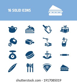 Bakery icon set and rolling pin with glass of oil, flour, sandwich. Whisk related bakery icon vector for web UI logo design.