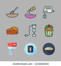 bakery icon set. vector set about cupcake, flour, baguettes and mixer icons set.