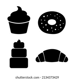 Bakery icon in solid black flat shape glyph icon, isolated on white background. Vector croissant, cake, cupcake and doughnut filled