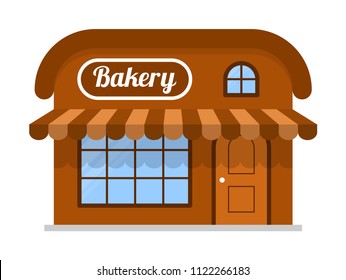 Bakery icon. Symbol, shop, store. Sign in brown color. The facade of the building is in a flat style. A stylish geometric image. Vector illustration isolated on white background.
