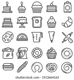 Juego de vectores de iconos de panadería. colección de signos de ilustraciones de cocina. símbolo de torta.