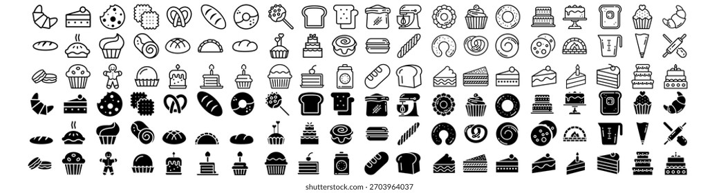 ícone de padaria vetor conjunto. cozinhando coleção de sinais de ilustração. símbolo de assar. Ícones da web de bolos e desertos. Marca de pão.