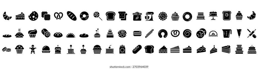 Vektorgrafik-Set für Bäckereisymbole. Kochen Illustration Schild Sammlung. Backsymbol. Websymbole für Kuchen und Wüste. Brotmarke.