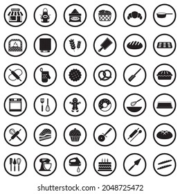 Iconos de panadería. Diseño Plano Negro En Círculo. Ilustración vectorial.