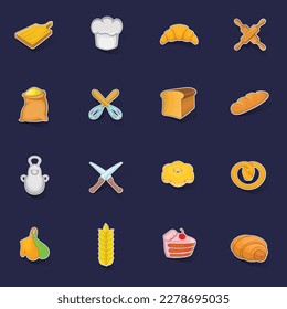 Bakery icons in cartoon style. Bread set stikers collection vector with shadow on purple background