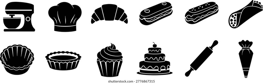 Bakery icons collection in black and white with bread pastry dessert items
