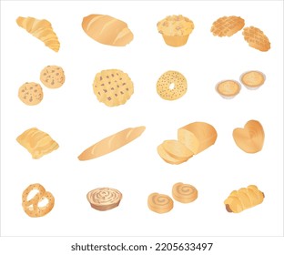 Bäckereisymbole, Croissant, Brot, Muffin, Waffeln, Kekse, Kuchen, Bagel, Torten, Puff, Schmetterlingskuchen, Brezel, Dänisch, Brot mit Würstchen