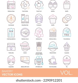 Bakery icons including delivery day, fresh herb, fruit, muffin, cornbread, breakfast bar, croissant, bagel, catering option, hours, fee, menu, free, box, eclair, homemade cheese stick, breadstick