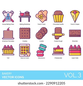 Bakery icons including group baking class, workshop, french toast, chocolate souffle, crepe, american pancake, cookie dough, brownies, tart, book an event, macaroon, cheesecake, layer cake, quiche