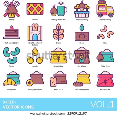 Bakery icons including pastry, cafe, pop-up, mobile, high-end, neighbourhood, grains, roots, nuts, beans, seeds, wheat, corn, cake, all-purpose, hard, self-raising flour, gluten free.