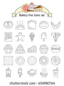 Bakery icons in line art style. Icons with bread, biscuits, sweets for web. Set with fresh bread, sweets, baking for using in website and mobile