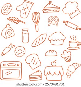 Bakery icons outline element hand drawing style.  can be background or pattern illustration. wallpaper and packaging print. baking, food, bread, coffee and snack theme. toast, cake, oven, croissant