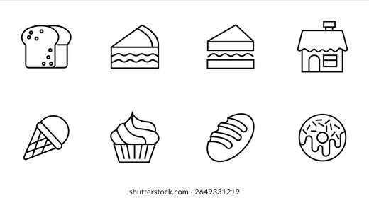 Pacote de ícones de padaria. Definição de ícones de linha fina. Conjunto de coleta Flaticon. Ícones simples de vetor	