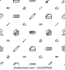 bakery icons pattern seamless white background. Included editable outline dough pin, pie, corolla, cookie, piece of cake, chef hat, chef hat and spoon icons. bakery icons for web and mobile.