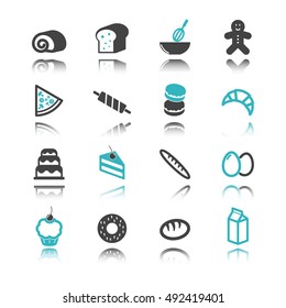 bakery icons with reflection isolated on white background