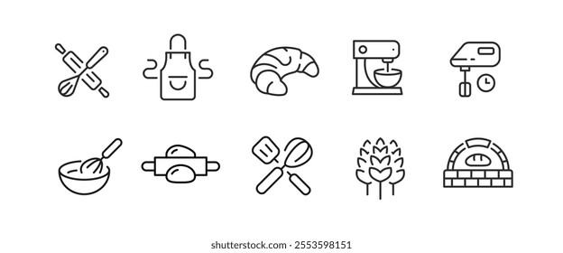 Bakery icons. Set of 10 bakery trendy minimal icons. Example: Oven, Open Sign, Cake, Whisk, Croissant icon. Design signs for web page, mobile app, packaging design. Vector illustration.