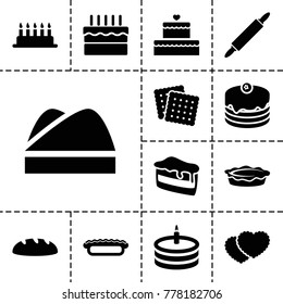 Bakery icons. set of 13 editable filled bakery icons such as cookies, cake, piece of cake, pie, chef hat, dough pin