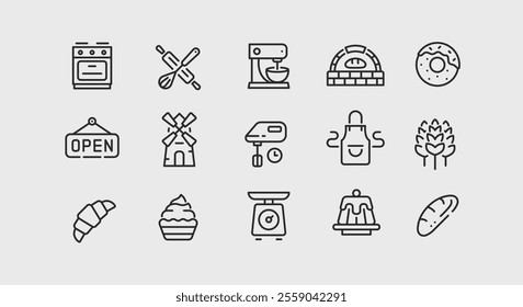 Bakery icons. Set of 15 bakery trendy minimal icons. Example: Oven, Open Sign, Cake, Whisk, Croissant icon. Design signs for web page, mobile app, packaging design. Vector illustration.