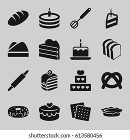 Bakery icons set. set of 16 bakery filled icons such as bread, cake with one candle, cookies, piece of cake, donut, bread slices, pie, heart lock, cake, chef hat, corolla