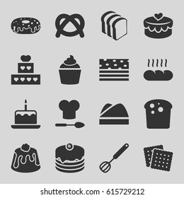 Bakery icons set. set of 16 bakery filled icons such as cake with one candle, cookies, cake, donut, bread slices, pie, muffin, heart lock, chef hat, bread, chef hat and spoon