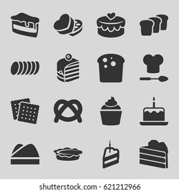 Bakery icons set. set of 16 bakery filled icons such as cake with one candle, cookies, piece of cake, pie, muffin, sweet box, heart lock, chef hat, cookie, bread